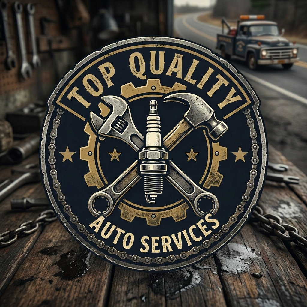 Round roadside repair logo with wrench, hammer, spark plug, and text 'Road & Rally Roadside Repair Est. 1978'
